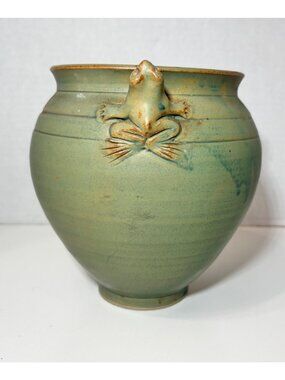 Green Glazed 2-Frog Pottery Vase Hand Crafted Art Pottery approx 6.25H x 6"W